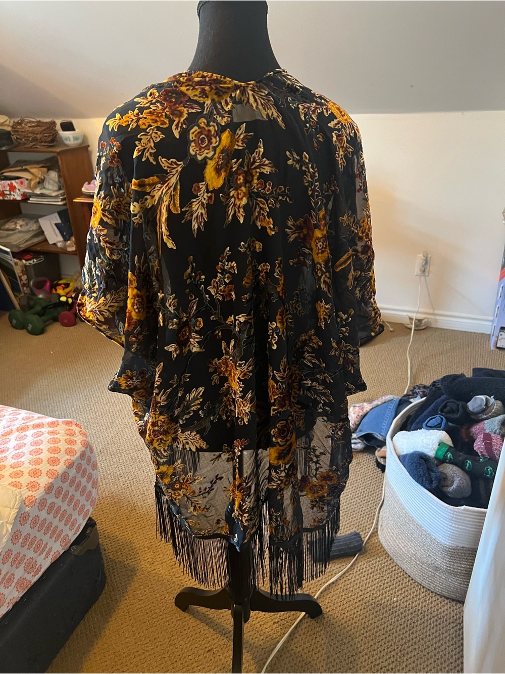 Black Floral Fringe Kimono Wrap with Mustard Accents - Picture 3 of 3